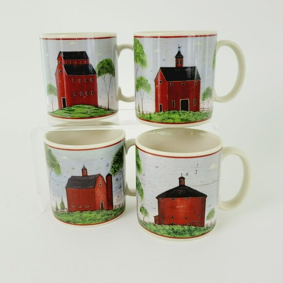 Sakura Warren Kimble Barns Coffee Mug Set of 4 Folk Art Countryside Farm c.1998 - Picture 1 of 9